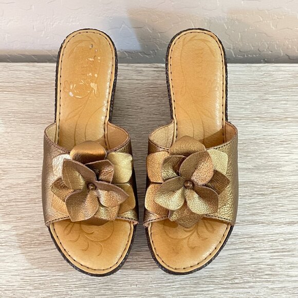 Born 7 Sandals Annette Bronze Brown Copper Leather Flower Platform Wedge Slides - Picture 3 of 12